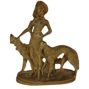 Vintage Art Deco Lady with Borzoi Russian Wolfhound Dogs Resin Sculpture